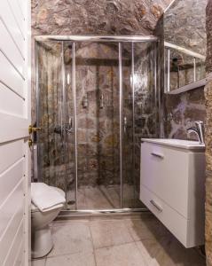 a bathroom with a shower with a toilet and a sink at Rodia Eco stay house in Epidavros - Akros Estate in Nea Epidavros