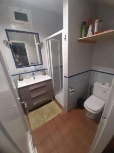 ein Badezimmer mit einem WC, einem Waschbecken und einem Spiegel in der Unterkunft Casa mis Nietas in San José