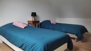 two beds in a bedroom with blue comforter and pink pillows at Petite maison de campagne in La Bazoge