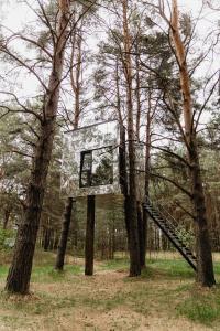 a tree house in the middle of two trees at Treehouse Virš Bedugnės in Jurbarkas