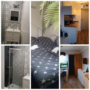 a collage of pictures of a bedroom and a bed at Apartament nad zalewem 217 in Serock