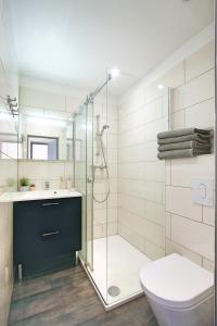 a bathroom with a glass shower and a toilet at Résidence de la Tour in Piana