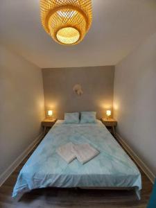 a bedroom with a bed with two towels and a chandelier at Le naturel d'Amboise in Amboise