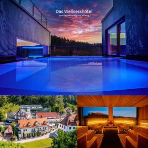 a collage of photos of a building with a swimming pool at Landhotel Sternwirt - Das Wellnesshotel zwischen Nürnberg und Amberg in Högen