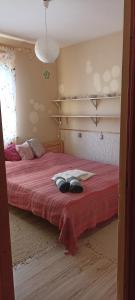 1 dormitorio con 1 cama con colcha roja en Barackvirág Apartmanház, en Vonyarcvashegy