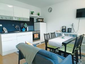 eine Küche und ein Esszimmer mit Tisch und Stühlen in der Unterkunft Apartmaji Sofia in Maribor