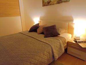 ein Schlafzimmer mit einem Bett mit zwei Kissen darauf in der Unterkunft Apartmaji Sofia in Maribor