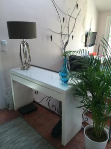 a white desk with a lamp and two plants at Duplex Cosy Vue Colline in Cavaillon