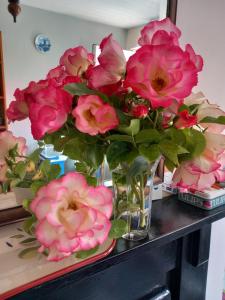 um vaso cheio de flores cor-de-rosa sobre uma mesa em May Rose Cottage em Sigglesthorne