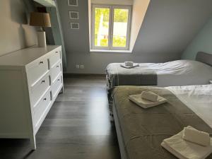 a bedroom with two beds and a dresser and a window at La Maison de Zoé in Saint-Denis-sur-Loire