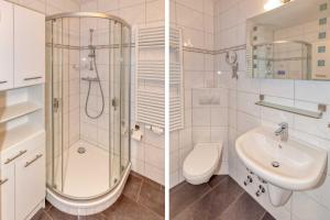 Duas fotografias de uma casa de banho com um chuveiro e um lavatório. em Terrassenhaus, FeWo 67 em Duhnen