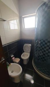 een badkamer met een toilet, een wastafel en een douche bij Lucky's apartment, a place to be in Pogradec