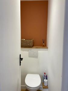 ein Badezimmer mit einer weißen Toilette und einem Regal in der Unterkunft La Coloc' - Centre ville - Gare in Saint-Brieuc + 26 Fotos