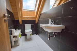 łazienka z umywalką, toaletą i oknem w obiekcie Apartmán Riviéra Lipno 510/21 w mieście Lipno nad Vltavou +37 zdjęć