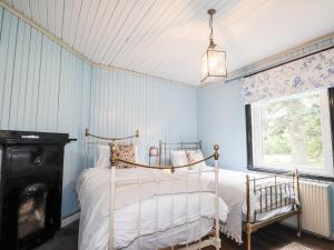 a bedroom with a bed and a fireplace and a window at Challenger Bothy in Lairg