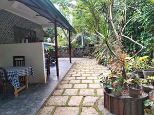 a patio with a table and a bunch of plants at Quiet Rest Inn in Ella