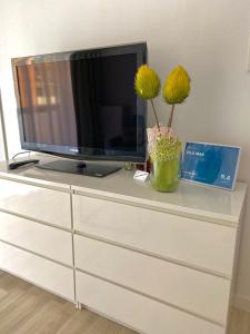 a tv sitting on top of a dresser with flowers at VELA MAR in Kołobrzeg