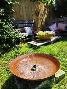 un pájaro sentado en un baño de aves en un patio en maison d'art et d'autres, en Champagne