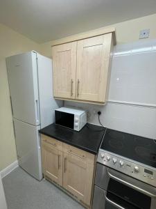 a kitchen with wooden cabinets and a white refrigerator at TANGO APARTMENTs in London