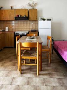 kuchnia ze stołem, krzesłami i lodówką w obiekcie Andros escape - a cosy 1bed flat w mieście Gavrion