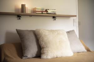 a couch with two pillows and a shelf on the wall at Venez Chez Vous - Chalet de Bredanne - Bord du lac in Doussard