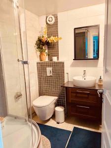 een badkamer met een toilet, een wastafel en een douche bij Charming Studio Flat In Sollentuna, Stockholm in Sollentuna