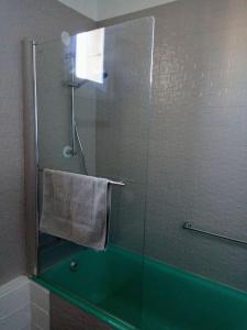 a shower with a glass door in a bathroom at Le Nid de L’Île in Chinon
