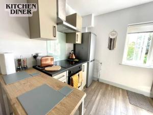uma cozinha com um fogão e um frigorífico num quarto em Stylish Cosy and Bright Apartment - Fantastic Location - Perfect for Business or solo travellers em Bishop's Stortford