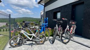 a group of bikes parked next to a building at Domy na Roztoczu Aleja Lipowa Dom F in Zwierzyniec