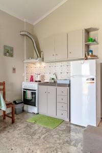 a kitchen with a white refrigerator and a stove at Ritsinia Apartments in Aigio