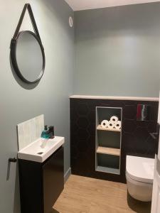 La salle de bains est pourvue d'un lavabo et d'un miroir. dans l'établissement Appartement Centre Annecy 100m du lac, à Annecy