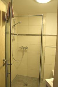 a shower with a glass door in a bathroom at Leitnerhof in Niederau