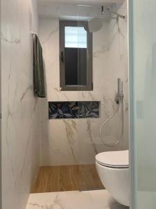 a bathroom with a toilet and a shower with a window at Studio for a couple in Athens