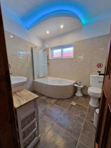 La salle de bains est pourvue d'une baignoire, de toilettes et d'un lavabo. dans l'établissement Crystal Villa, à Skopelos