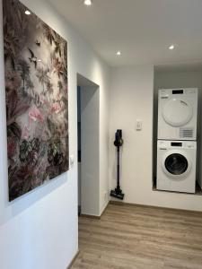 een kamer met een wasmachine en een schilderij aan de muur bij Premium Ferienwohnung im Herzen der Kurstadt in Bad Neuenahr-Ahrweiler