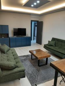 a living room with couches and a table and a tv at Unuvar home in Kuşadası