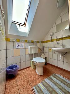 a bathroom with a toilet and a sink at Leniwy Kot in Stegna