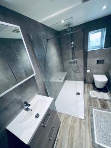a bathroom with a sink and a shower and a toilet at Deluxe 2 Bedroom Apartment in Sheffield