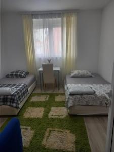 1 dormitorio con 2 camas y alfombra verde en Soul en Bela Crkva