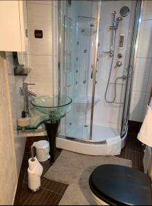 bagno con lavabo in vetro e doccia di Central Apartment 4 Rooms Brasov a Braşov