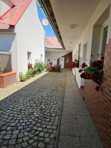 Apartament Olomouc NEW1 في أولوموك: زقاق بالحصى في منزل مع الزهور