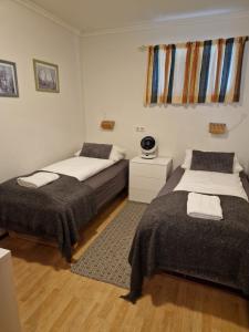 a bedroom with two beds and a window at Húsid Guesthouse in Reykholt