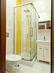 a bathroom with a shower and a toilet and a sink at Apartament Leopard in Bydgoszcz