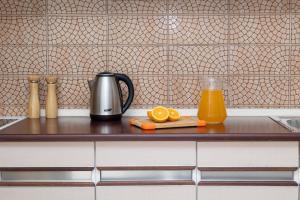 a counter with a coffee maker and an orange juice at Apartments Seafront in Pupnat