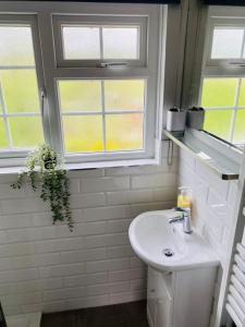 a white bathroom with a sink and a window at Braunton Beach Boutique in Wrafton