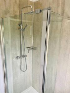 a shower with a glass door in a bathroom at Braunton Beach Boutique in Wrafton