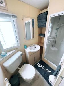 y baño con aseo, lavabo y ducha. en A&A Caravan Holidays, en Leysdown-on-Sea