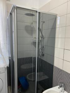 y baño con ducha de cristal y lavabo. en Appartamento Valamar Nikolla 2 camere, en Hamallë