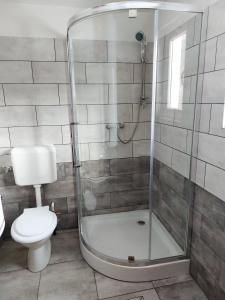 bagno con doccia e servizi igienici. di Tulipános Vendégház 