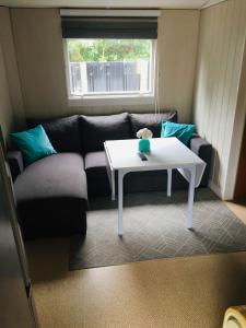 a living room with a couch and a table at Mobil-home sur terrain privé in Sérignan